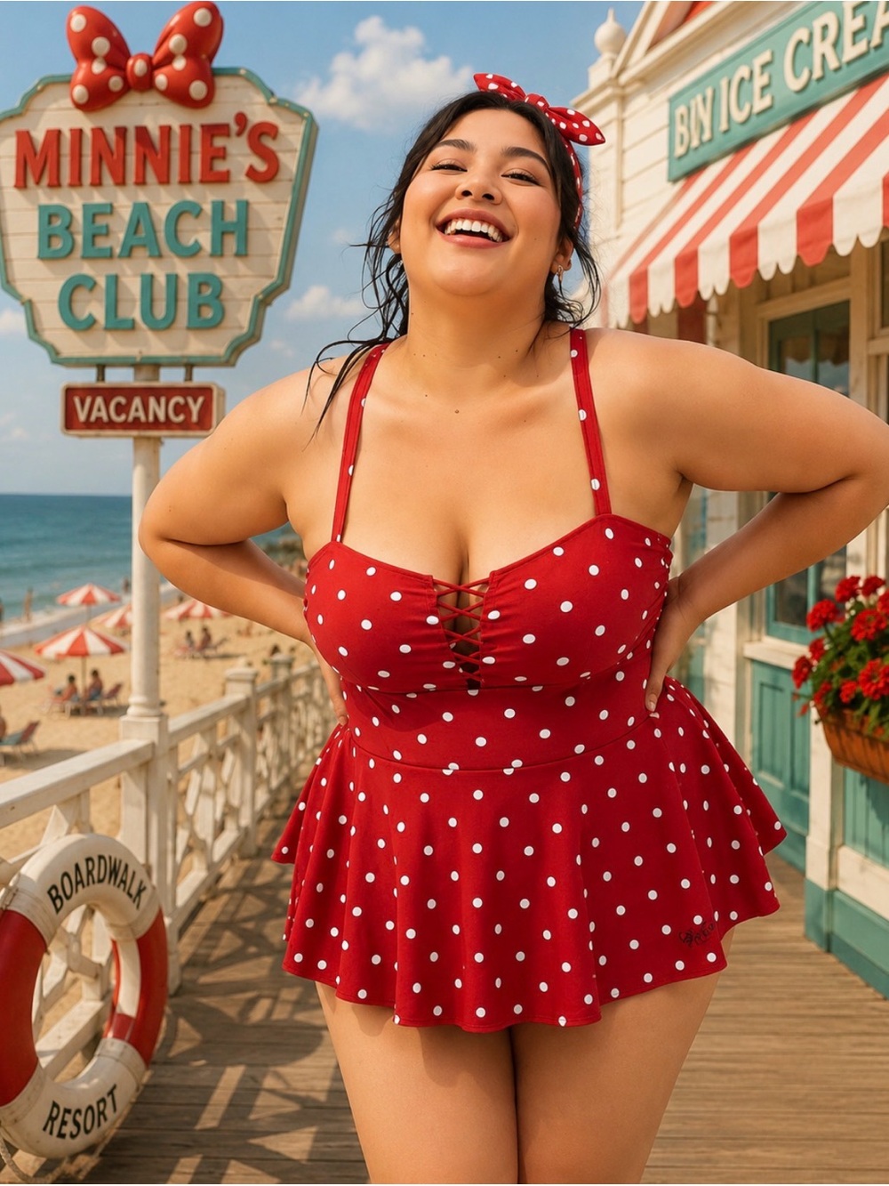 Disney Minnie Mouse Red Retro Lattice-Front Peplum One-Piece Swimsuit  Size 16